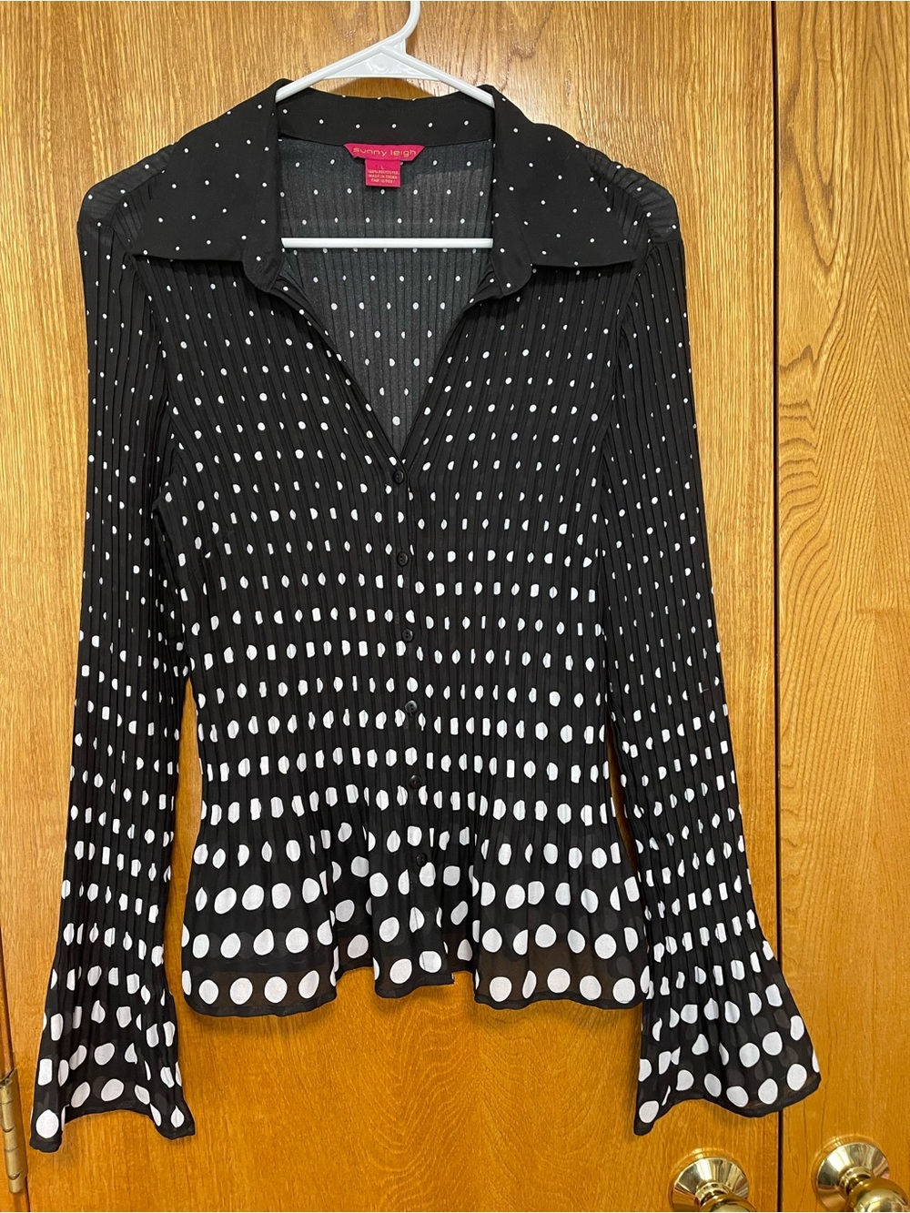 Sunny Leigh Black & White Polka Dot Pleated Long-Sleeve Blouse